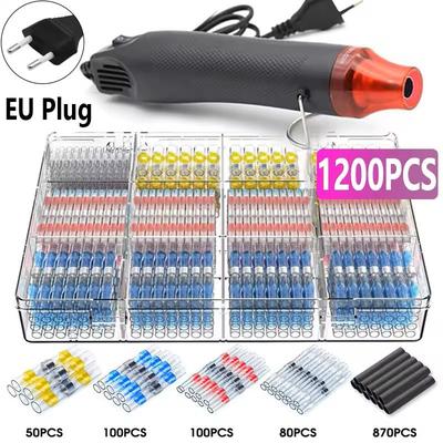Waterproof Heat Shrink Wire Connector Kit Solder Seal Crimp Terminals With Optional Heat Gun (501200 Pcs) 1200pcs Gun(220v Eu)