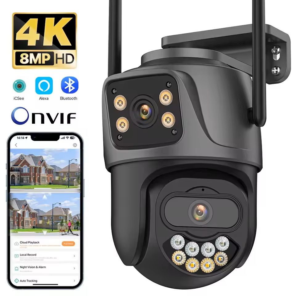Dual Lens 8MP Outdoor WiFi Security Camera With Auto Tracking 4mp us Plug + 128gb Card