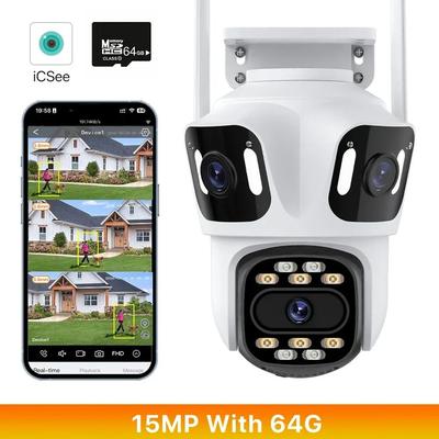 HD Triple Lens WiFi IP Camera 3 Lens Outdoor Security Camera With Motion Detection, Waterproof CCTV, Night Vision, ICSee 15mp With 64 Gb
