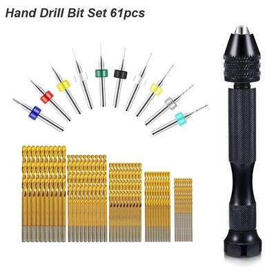 Precision Micro Mini Pin Vise Hand Drill Twist Bit Set, Rotary Tool Kit For PCB, Plastic, DIY Craft, Carving, & Jewelry 61pc