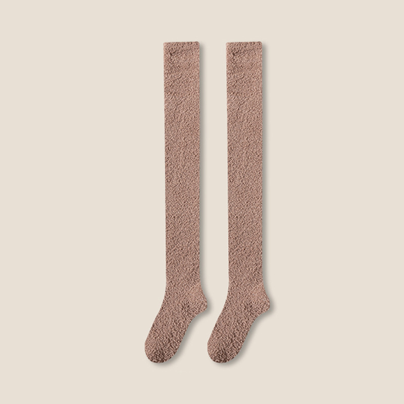 Womens Winter Warm Coral Fleece Thigh High Socks coffee Color one Size