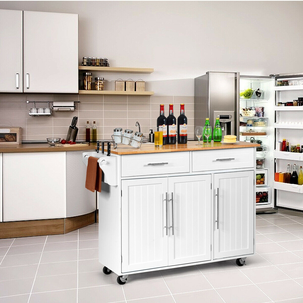 Kitchen Island Cart With Knife Block & Lockable Castors Sturdy Storage Cart With Adjustable Shelves Kitchen Island Cart With Knife Block & Lockable Castors Sturdy Storage Cart With Adjustable Shelves