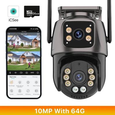 HD Triple Lens WiFi IP Camera 3 Lens Outdoor Security Camera With Motion Detection, Waterproof CCTV, Night Vision, ICSee 10mp With 64 Gb