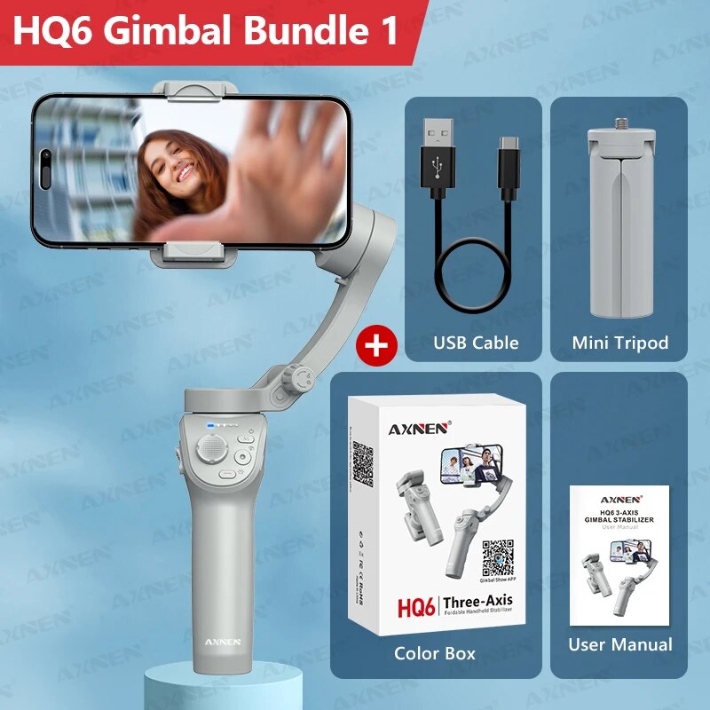 HQ6 3 Axis Foldable Phone Gimbal, Handheld Stabilizer With Fill Light, Object Tracking & Zoom For IPhone & Android bundle 1