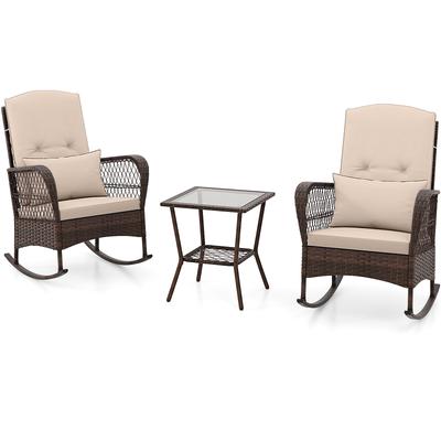 Outdoor Rocking Bistro Set With Cushions And Glass Coffee Table, Wicker Patio Lounge Furniture For Backyard & Deck Outdoor Rocking Bistro Set With Cushions And Glass Coffee Table, Wicker Patio Lounge Furniture For Backyard & Deck