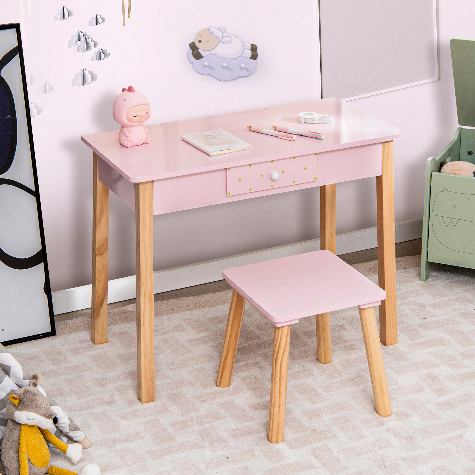 2 in 1 Children Vanity Table Stool Set With Mirror, Kids Makeup & Study Desk With Storage 2 in 1 Children Vanity Table Stool Set With Mirror, Kids Makeup & Study Desk With Storage