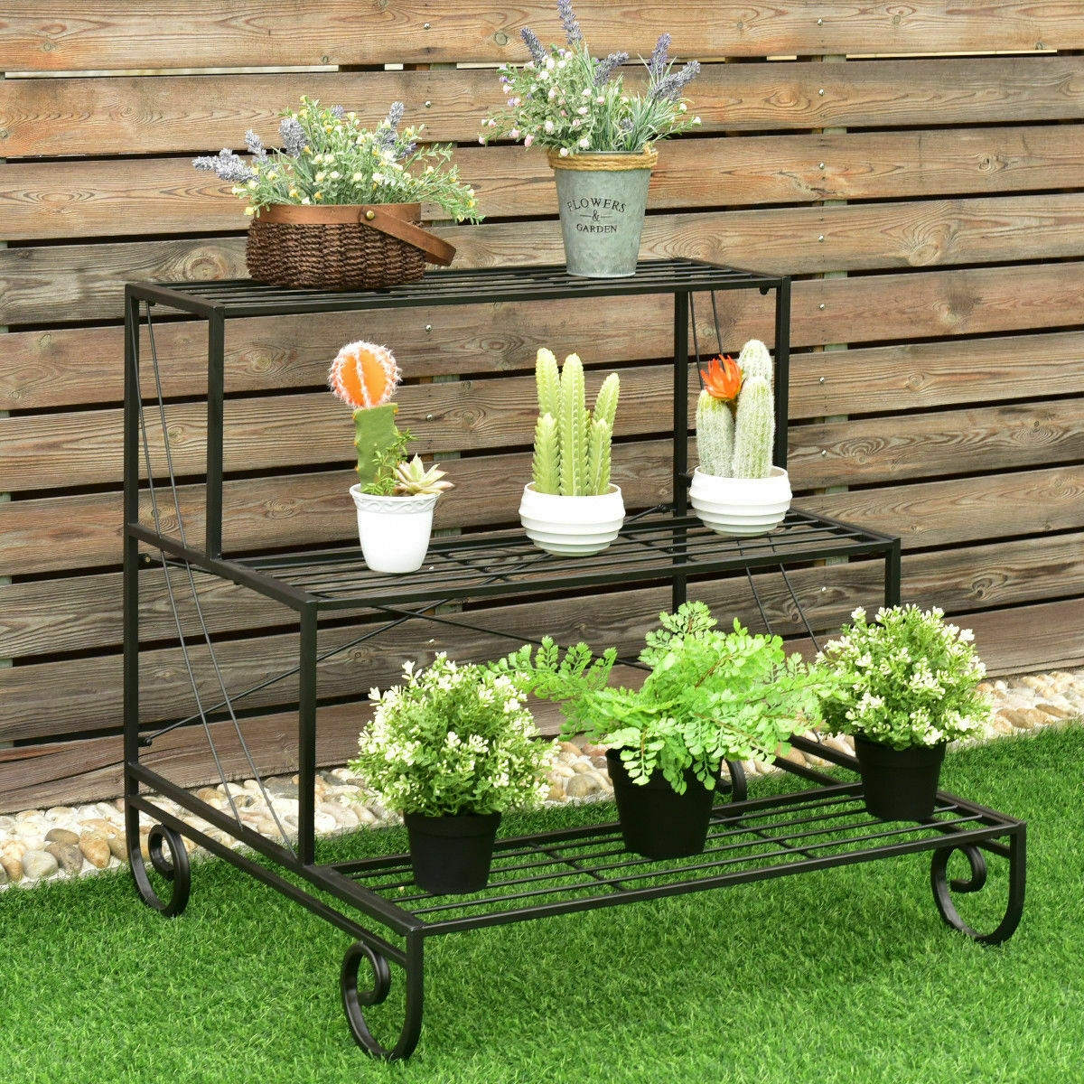 3 Tier Outdoor Metal Garden Planter Holder Shelf Durable Steel Plant Display Stand 3 Tier Outdoor Metal Garden Planter Holder Shelf Durable Steel Plant Display Stand