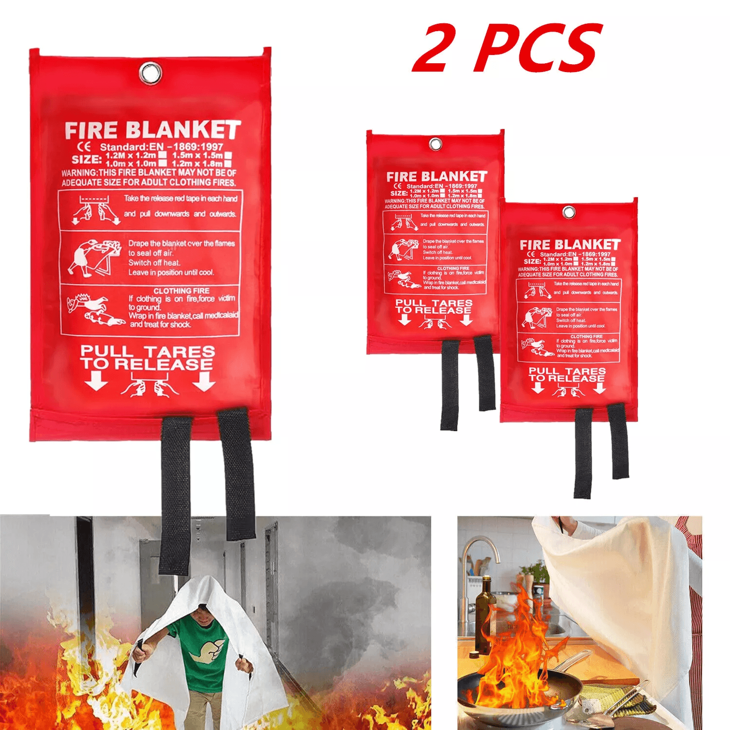 Fiberglass Emergency Fire Blanket 39''x39'' Fire Retardant Safety Blanket For Kitchen, Office, Car, Grill, Boat 2 Pcs