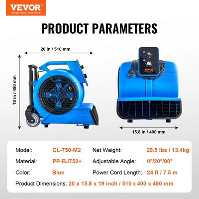VEVOR Floor Blower Fan 1360 RPM Air Mover For Drying Cooling Portable Dryer Fan For Home, Garage,Plumbing Commerical Use 1550 Rpm 730w