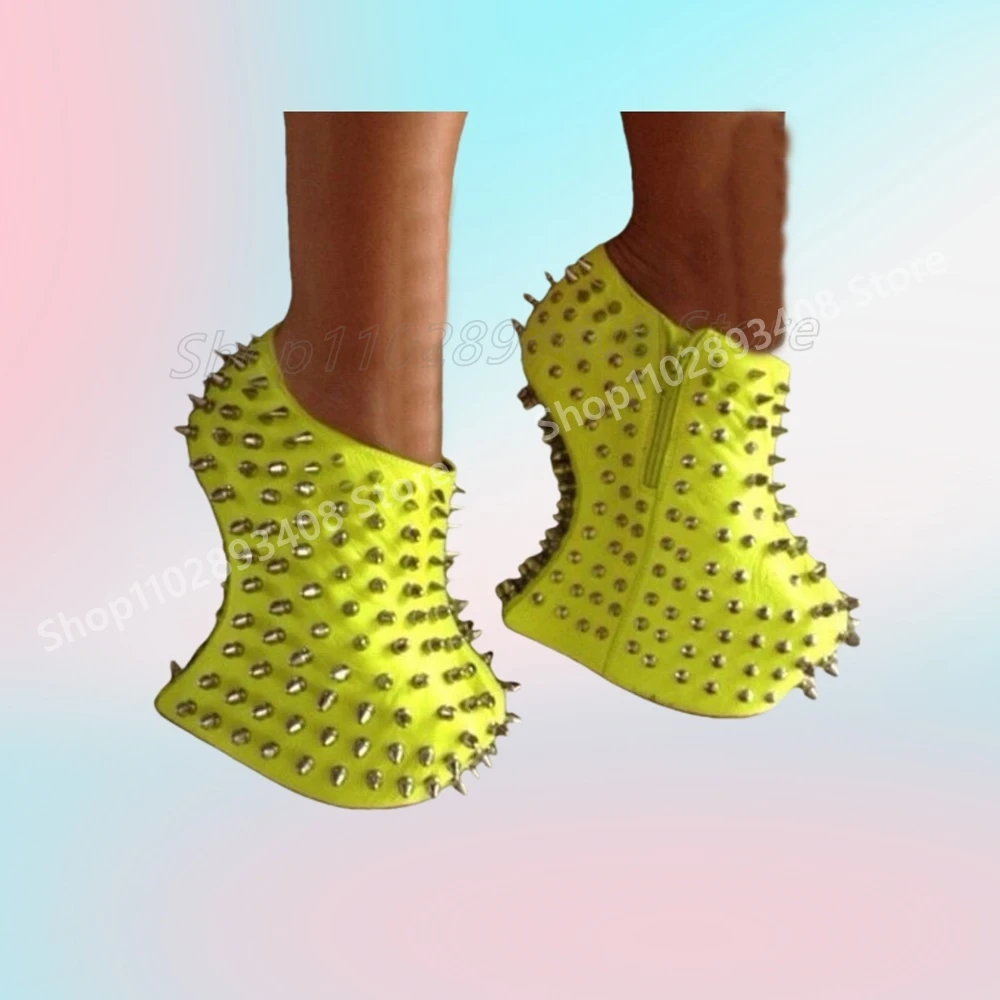 Gelbe Metallnieten Dekor flache Pumps Sexy seltsamer Stil Absatz seitlicher Reißverschluss Mode Damenschuhe 2025, Frühling Zapatos Para Mujere