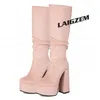 LAIGZEM Frauen Kniehohe Stiefel Faux Wildleder Zip Up Runde Kappe 14,5 CM Dicke High Heels Stiefel Damen Schuhe Frau Große größe 36 41 43 46