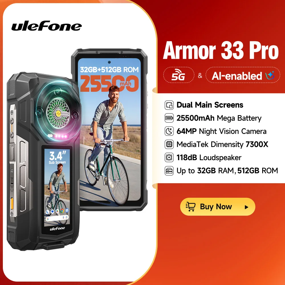 【2025 Neu】 Ulefone Armor 33 Pro 5G Robustes Telefon 25500 mAh 512 GB ROM 120 Hz Dual Screen NFC Android Smartphone MTK Dimensity 7300X Image