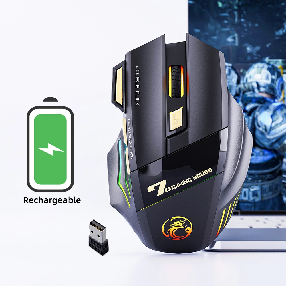 Drahtlose mechanische Gaming-Maus GW-X7 7 Tasten 2,4 GHz Silent MICE USB-Hintergrundbeleuchtung Computer-Gamer-Maus 7-Farben-Atmungs-LED-ESports Image