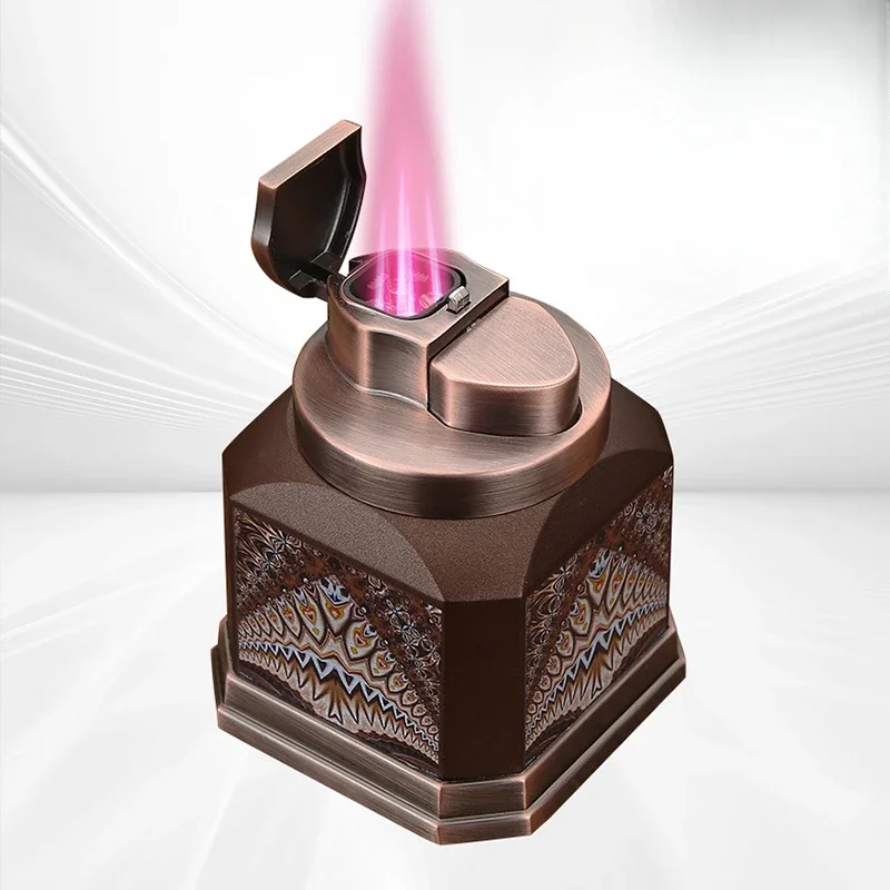 HONEST Desktop 4-Düsen Rote Flamme Butan-Gas-Taschenfeuerzeug Ein-Klick-Zündung Hochwertiges Business-Zigarrenfeuerzeug zum Rauchen Image