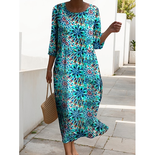 Damen Maxi Kleid Leinenoptik Atmungsaktiv Leicht Kaftan 3/4 Länge Ärmel Rundhals Lässig Shift Kleid A-Linien Kleid Kleid Boho Alltag Feiertag Date Grafik Geometrisch Rot Hellbraun Blau Beige Image