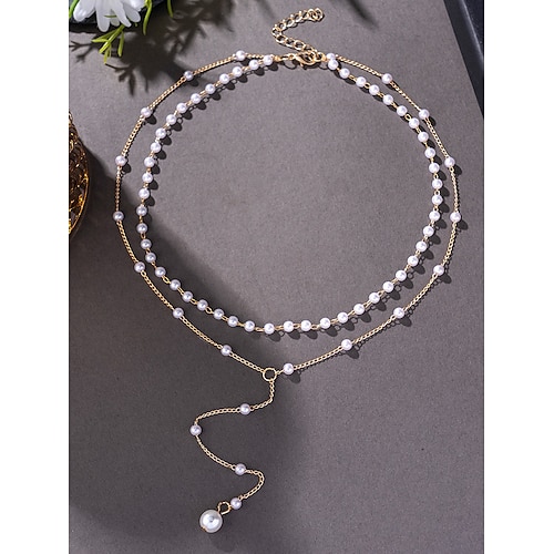 Mehrreihige Perlenanhänger-Halskette für Damen – elegante goldfarbene Legierungskette mit Kunstperlen-Akzenten für formelle Anlässe, Hochzeiten und Abendpartys Image