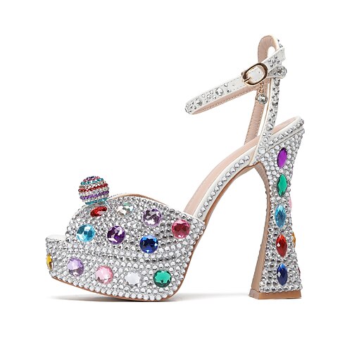 Bunte Plateausandalen mit Strasssteinen für Damen – glitzernde, mit Kristallen verzierte High Heels mit Knöchelriemen und dicker Sohle für Hochzeiten, Abschlussbälle und Partys Image