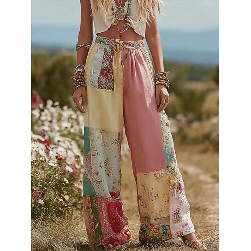Damen Leinenartige Boho Weite Beine Chinos Baggy Hosen Urlaub Vintage Mode Voller Länge Hohe Taille Floral Grafik Kordelzug Patchwork Druck Weich Atmungsaktiv Unelastisch Urlaub Straße Hellpink Dunkel Image