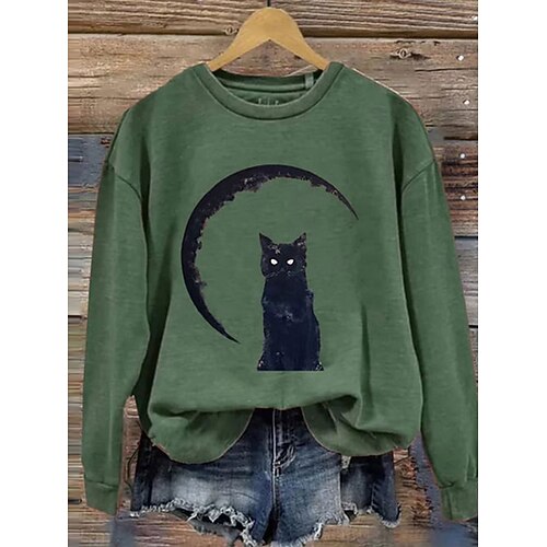 Damen Sweatshirts Schwarze Katze Grafik Katze Lässig Langarm Rundhalsausschnitt Reguläre Oberteile Straßen Tägliche Kleidung Lässiger Druck Orange Grün Grau Herbst Winter Image