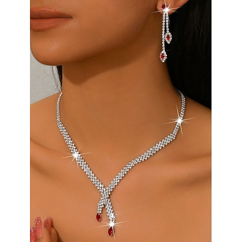 Silberfarbenes Damen-Set aus Halskette und Ohrringen mit roten Edelsteinakzenten – eleganter Partyschmuck Image