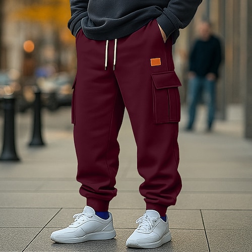 Herren Jogginghose Fleecehose Hose Cargo-Jogginghose Kordelzug Elastischer Bund Mehrere Taschen Einfach Feuchtigkeitsableitend Atmungsaktiv Volle Länge Outdoor Lässig Täglich Mode Streetwear Schwarz Image