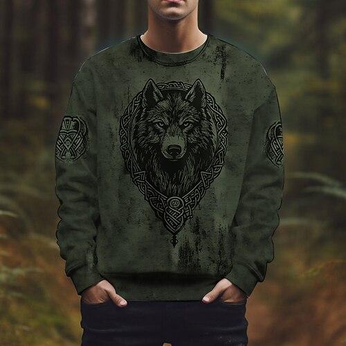 Herren Sweatshirt Blau Braun Grün Rundhalsausschnitt Wolf Keltischer Knoten Druck Lässig Täglich Ferien Vintage Vikinger Herbst Winter Bekleidung Kapuzenpullover Sweatshirts