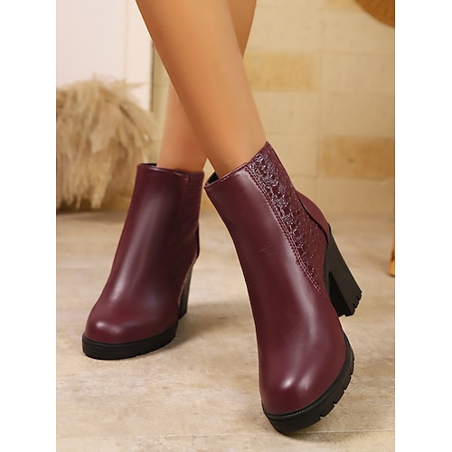 Burgunderrote Stiefeletten mit Blockabsatz für Damen – elegante Plateaustiefeletten aus Kunstleder für die Herbst-Winter-Freizeitkleidung und Büro-Outfits Image
