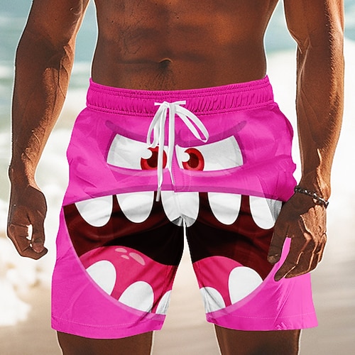 Herren 3D Zeichentrick Lächelndes Gesicht Große Augen Badehosen Badeshorts Boardshorts Mittlere Taille Lustig Outdoor Urlaub Alltagskleidung Seitentaschen Netzfutter Elastischer Kordelzug in der Image