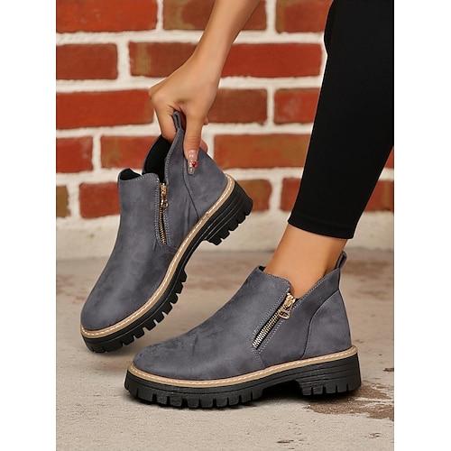 Damenstiefeletten aus grauem Wildlederimitat – seitlicher Reißverschluss, rutschfeste Profilsohle, stylische Streetwear für Herbst und Winter Image