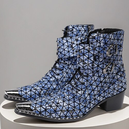 Blaue Herrenstiefeletten mit geometrischem Print – modische Cowboystiefel für Konzerte, Streetwear und Partys im Nachtleben Image