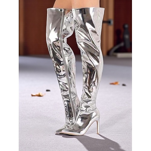 Schwarze Overknee-Stiefel aus Lackleder mit spitzer Zehenpartie und Stilettoabsatz für Damen – sexy Schuhe für das Nachtleben und Partys Image