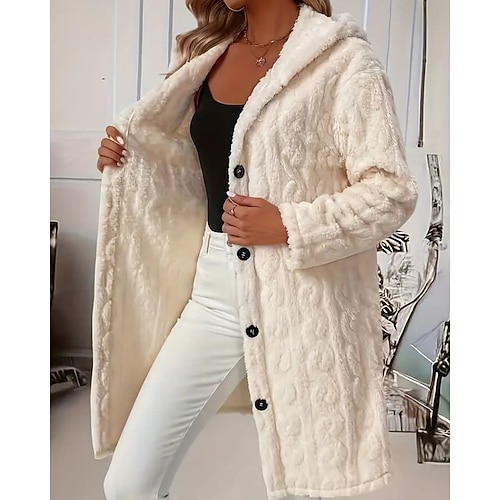 Damen Mantel Kunstpelzmantel Warm Bequem Knöpfe Lässig Einfach Outdoor Alltagskleidung Ausgehen Alltagstauglich Einreihig Lang Mit Kapuze Normale Passform Langarm Oberbekleidung Beige Winter