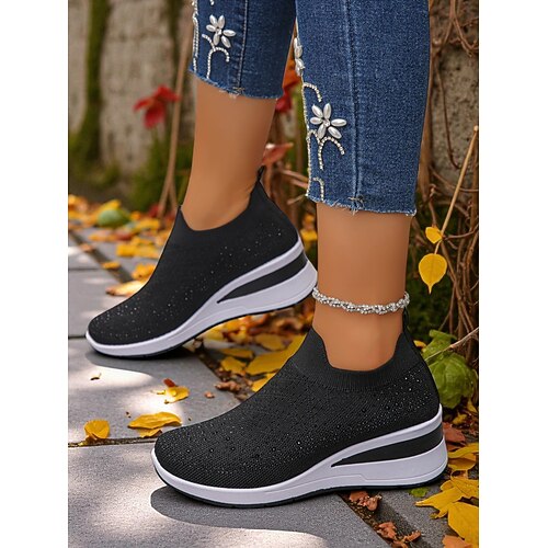 Pinke Flyknit-Slip-On-Sneaker mit Strasssteinen für Damen – atmungsaktive, leichte Keilschuhe zum Spazierengehen, für Fitness und den lässigen Alltag Image