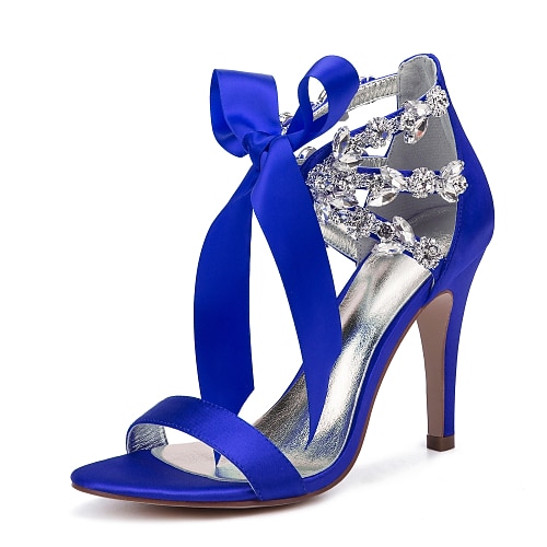 Königsblaue High Heel-Sandalen aus Satin für Damen – mit Strasssteinen verziert und mit Fliege verziert für Hochzeiten oder formelle Anlässe Image