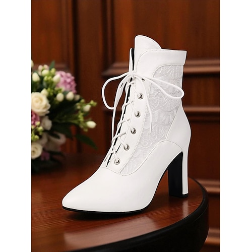 Rote High Heel-Stiefeletten mit Schnürung für Damen – schicke Retro-Stiefel aus Kunstleder und Spitze im viktorianischen Stil für Herbstoutfits, Streetwear und Feiertagsveranstaltungen Image