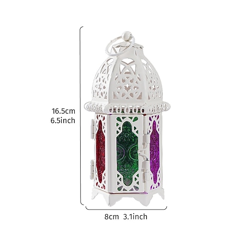 Lanterna in vetro colorato antivento in ferro vintage, portacandele sospeso con design a cerchio cavo e struttura in ferro, lanterna decorativa resistente al vento per casa, bar, ristorante, festa