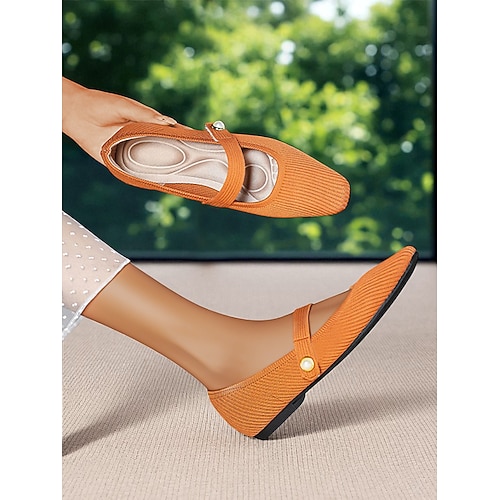 Beigefarbene Mary-Jane-Ballerinas aus Strick für Damen mit Perlenriemen – leichte, atmungsaktive Freizeitschuhe für den Alltag, auf Reisen und im Büro Image