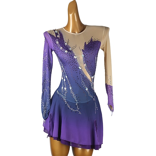 Eiskunstlaufkleid Damen Mädchen Eislaufen Kleid Purpur Bule schwarz Patchwork Offener Rücken Netzstoff Spandex Hohe Elastizität Training Übung Professionell Eiskunstlaufkleidung Klassisch Kristall Image