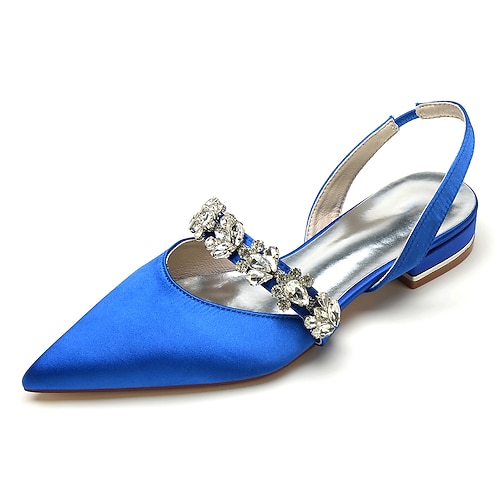 Weiße, spitz zulaufende Slingback-Ballerinas mit Kristallriemen für Bräute – elegante Braut- und Brautjungfernschuhe aus Satin mit niedrigem Absatz Image