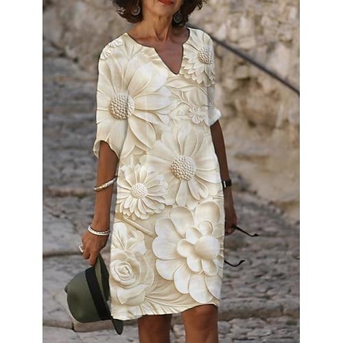 Damen Midikleid Freizeitkleid Druckkleid Mode Modern Täglich Strand Wochenende Normale Passform Blumen Dreiviertelarm Rundhalsausschnitt Gelb Blau Purpur Grau Sommer Frühling Herbst