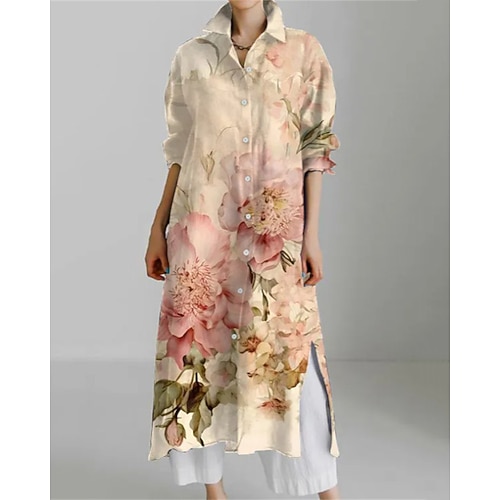 Per donna Abito Lungo Maxi Abito Abito Camicia Vestito Casual Abito Stampato Moda Moderno Quotidiano Weekend Vestibilità regolare Geometrico Fiore Manica Lunga Colletto a Camicia Blu Giallo Rosso