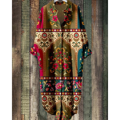 Damen Midikleid Boho-Kleid Hemdblusenkleid Freizeitkleid Mode Modern Täglich Strand Wochenende Normale Passform Blume Langarm Hemdkragen Purpur Braun Frühling Herbst Image