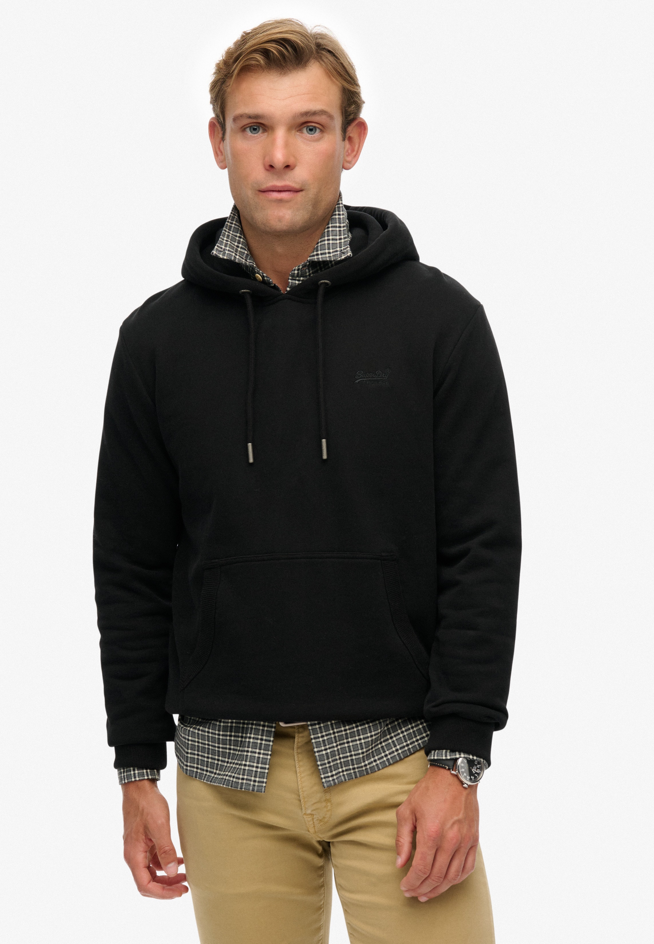 Kapuzensweatshirt SUPERDRY "Essential Logo Hoodie Hb", Herren, Gr. M, schwarz, Sweatware, Obermaterial: 70% Baumwolle, 30% Polyester, unifarben, loose fit normal, Rippbündchen, Sweatshirts Image