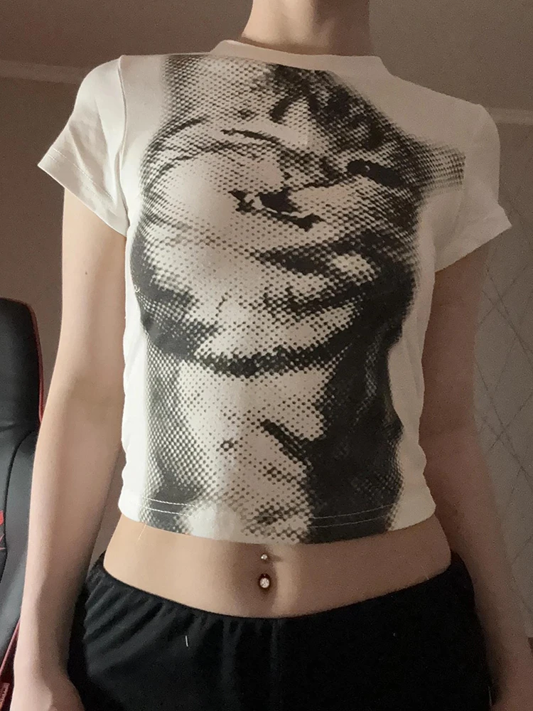 Harajuku Animal Print Crop Top Basic Weiß Kurzarm Crewneck T-shirt Frauen Casual Schlank anliegende Tees Dame y2k Vintage Image