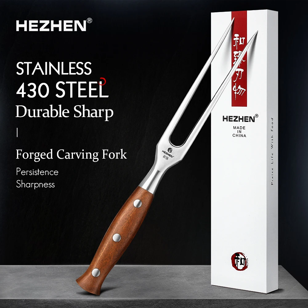 HEZHEN fourchette de Barbecue allemande en acier inoxydable 1.4116 et poignée en palissandre brochette de Barbecue-outil de Barbecue Durable pour griller la viande