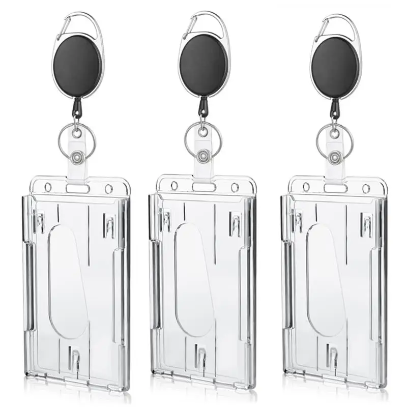 Slot per carte doppie trasparenti Porta badge per targhetta identificativa con bobina per badge Organizzatore di archiviazione per 2 carte Custodia per carte di lavoro per passaggi dei dipendenti