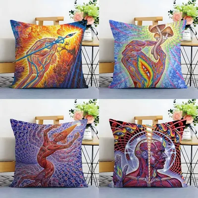 A-Alex Grauer Trippy Psychedelic Kissenbezug Sofa Wohnzimmer Schlafzimmer Doppelseitiger Druck Quadratisches Kissen Nickerchen Zeit Kissenbezug Image