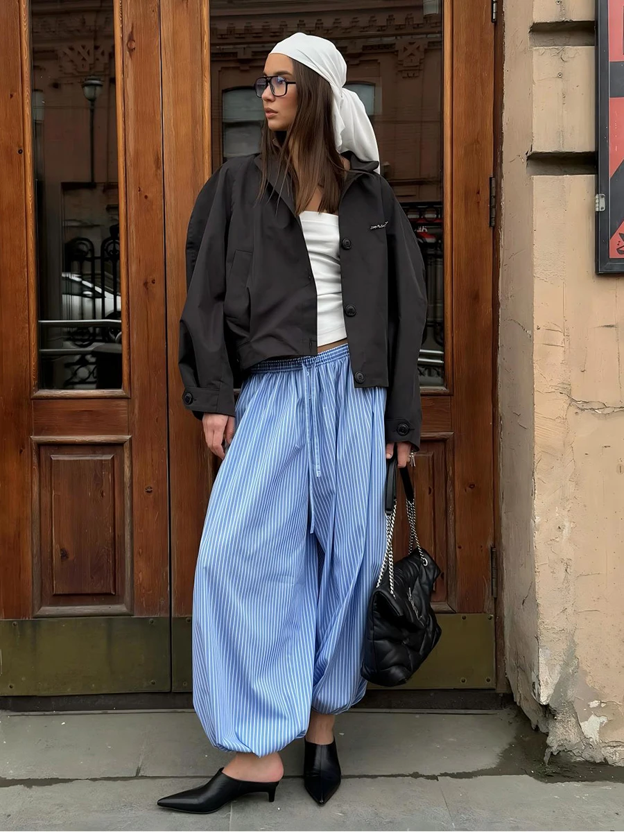 Bornladies 2025, Sommer-Damen-Baumwolle, blau, dünn, gestreift, Baggy-Laternenhose, elastische Taille, lässige Straßenhose Image