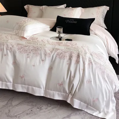 Pink Egyptian Cotton Flowers Embroidery Bedding Set Duvet Cover Bedspread Sheet Pillowcases Mattress Cover King Queen Size