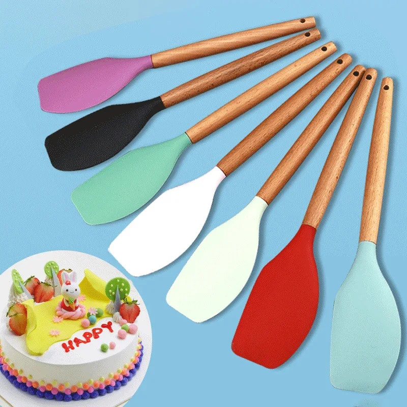 2Pcs Holzgriff Kuchen Spatel Creme Mischen Teig Schaber Butter Mixer Silikon Backen Spatel Hitzebeständige Küche Utensilien Image